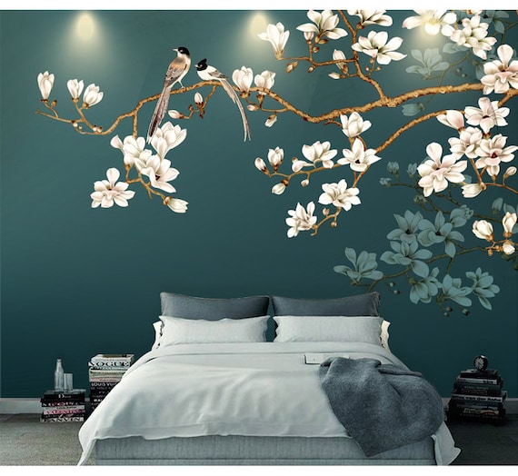 Hand Painting Hanging Branch Tree Flowers and Birds Wallpaper Wall Mural Simple Elegant White Ivory Flowers Floral Wall Mural Wall Art Etsy