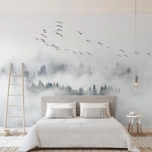 Birds Pine Forest Clouds Landscape Wallpaper Wall Mural, Misty Forest Landscape Wall Mural Wall Decor image 1