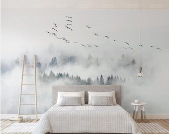 Birds Pine Forest Clouds Landscape Wallpaper Wall Mural, Misty Forest Landscape Wall Mural Wall Decor