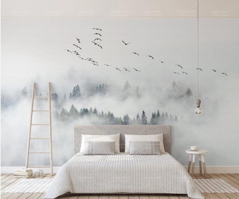 Birds Pine Forest Clouds Landscape Wallpaper Wall Mural, Misty Forest Landscape Wall Mural Wall Decor image 1
