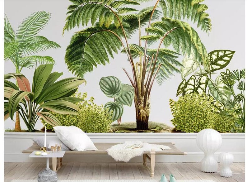 Hand Painted Tropical Plants Wallpaper Wall Mural Green Etsy