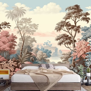 Carta da parati vintage retrò con piante tropicali della foresta pluviale, decorazione murale con piante e paesaggi della giungla