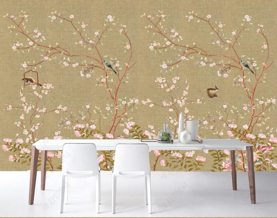 Chinoiserie Cherry Blossom Wallpaper Mural: Birds & Flowers Wall Decor ...