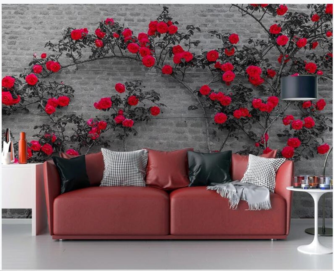 Vivid Grey Bricks With Red Rose Vine Wallpaper Wall Mural, Cafe Vivid