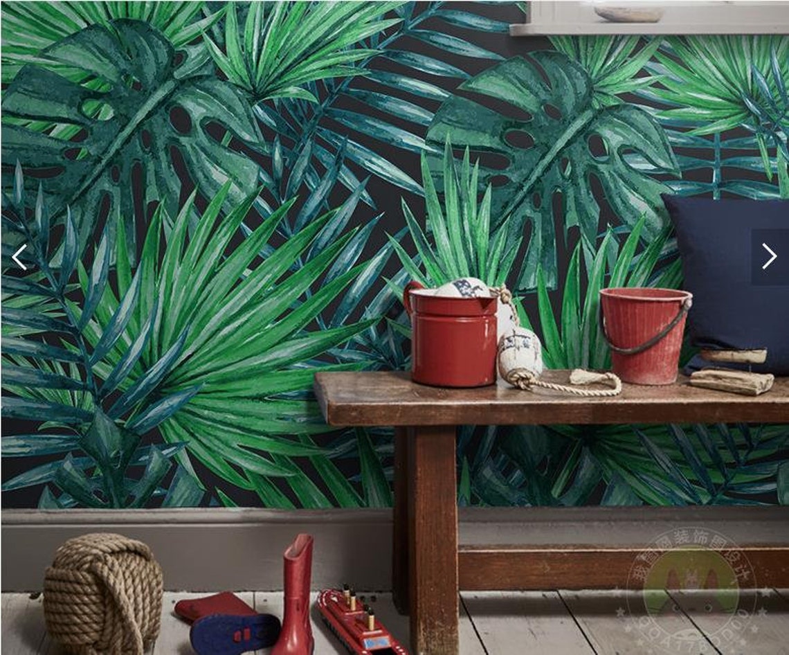 Tropical Dark Green Palm Tree Wallpaper Wall Mural Tropical Etsy