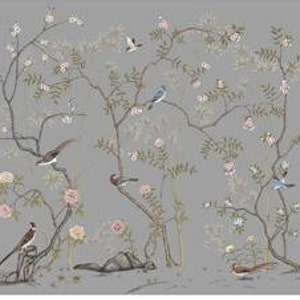 Delicate Birds&flowers Wallpaper Wall Mural, Light Grey Tanned Brown ...