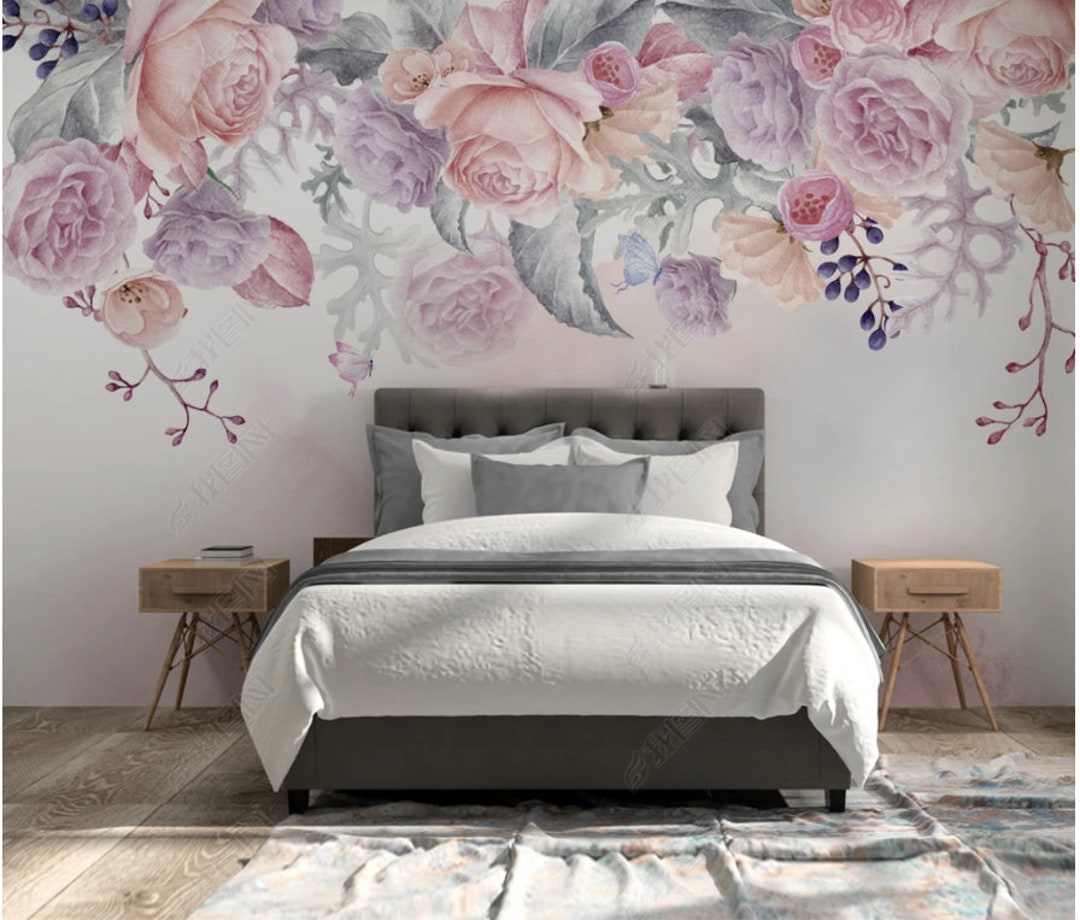 Watercolor Floral Wallpaper Mural: Pink Hanging Flowers Wall Decor - Etsy