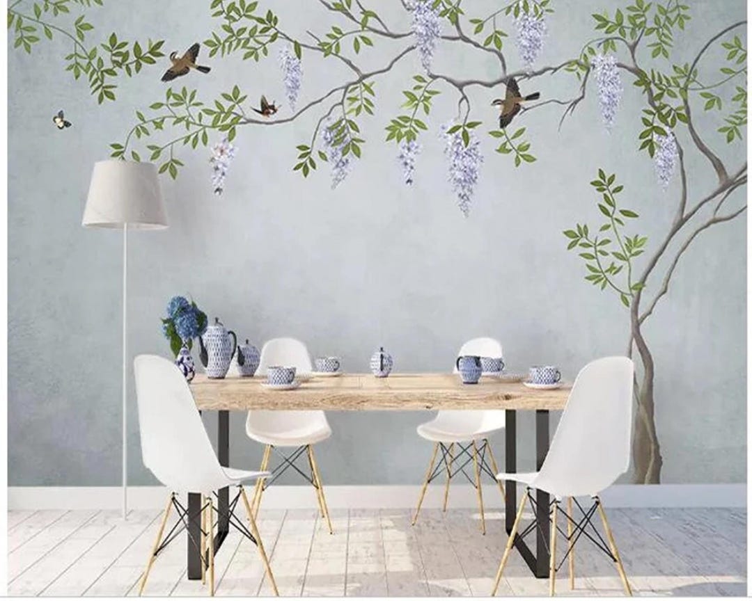 Fine Brushwork Tristed Wisteria Flowers Wallpaper Wall Mural, One Large ...