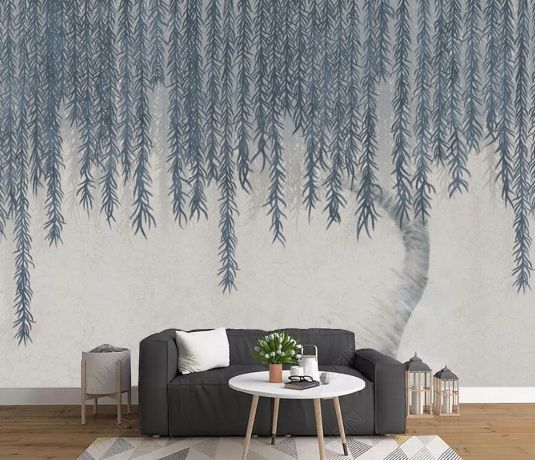 Art Huge Navy Blue Willow Wallpaper Wall Mural, Watercolor Willow Tree