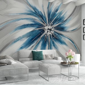 Abstract Blue Flower Painting Wallpaper Mural