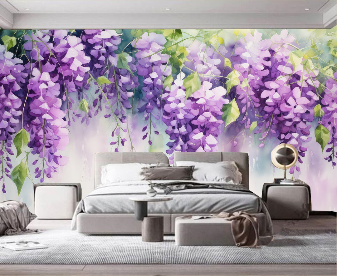 Watercolor Wisteria Flowers Wallpaper, Floral Wall Mural Decor - Etsy