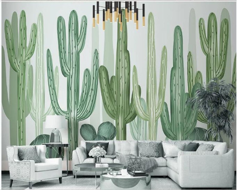 Watercolor Hand Painted Cactus Wallpaper Wall Mural Fresh