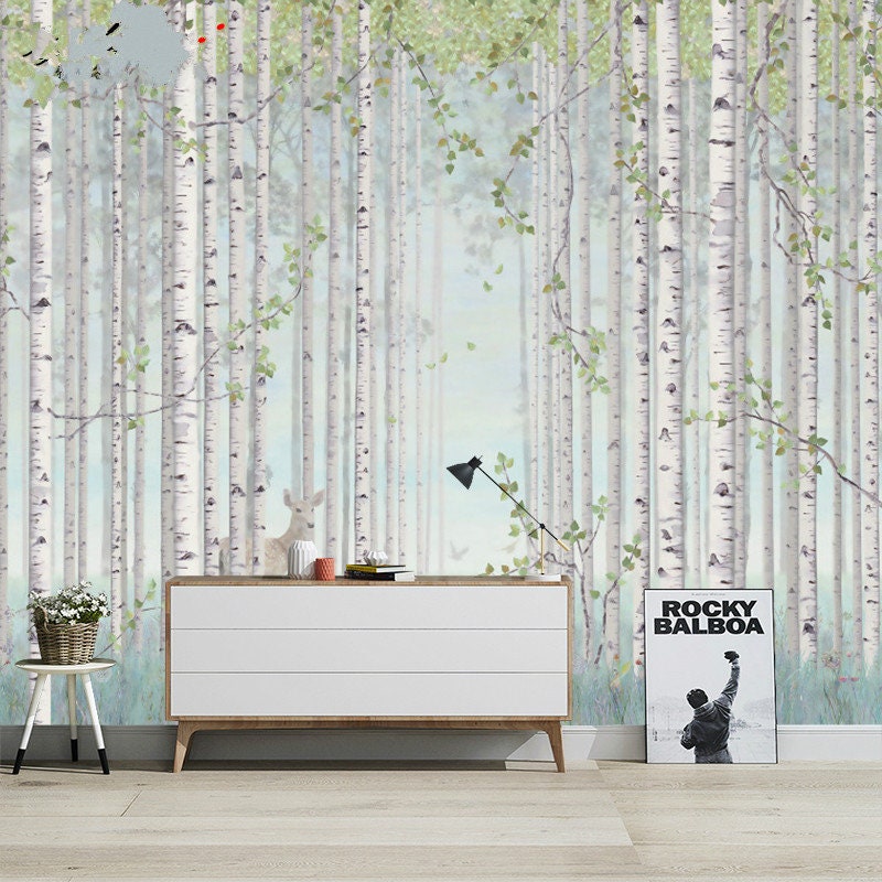 Oil Painting Abstract Birch Trees Wallpaper Wall Mural Etsy