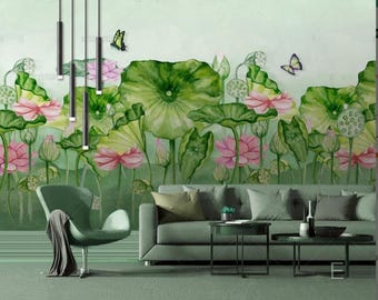 Carta da parati murale con laghetto di loto ad acquerello – Carta da parati floreale rosa e verde serena