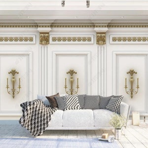 3D Roman Column Wallpaper Mural: Golden Carving Flowers Wall Decor