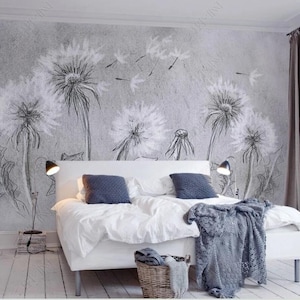Carta da parati murale con dente di leone in stile nordico retrò grigio