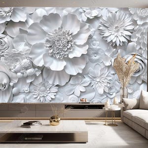 Gypsum Sheets White Flowers Plaster Background Floral Pattern Wallpaper Wall Mural