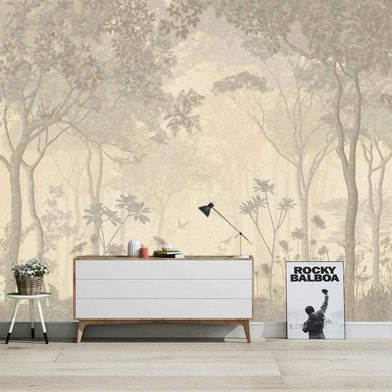 Oil Painting Abstract Forest Scenic Wallpaper Wall Mural, Retro Shabby Forest Landscape Wall Mural, Vintage Trees Wall Mural Wall Home Decor image 5