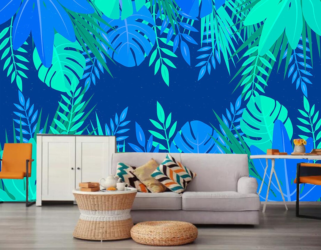 Abstract Tropical Leaves Wallpaper Wall Mural Watercolor Etsy