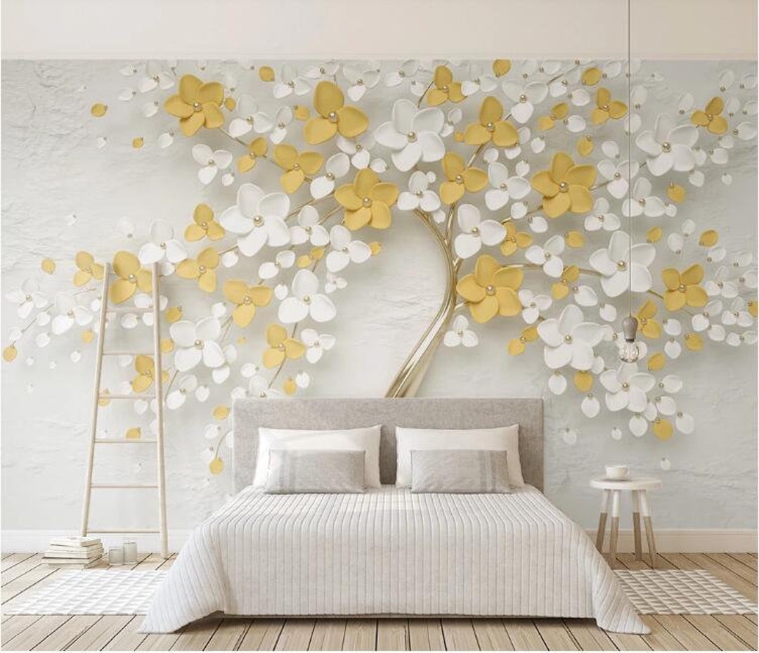 3D One Cherry Tree Floral Wallpaper Wall Mural Yellow White - Etsy