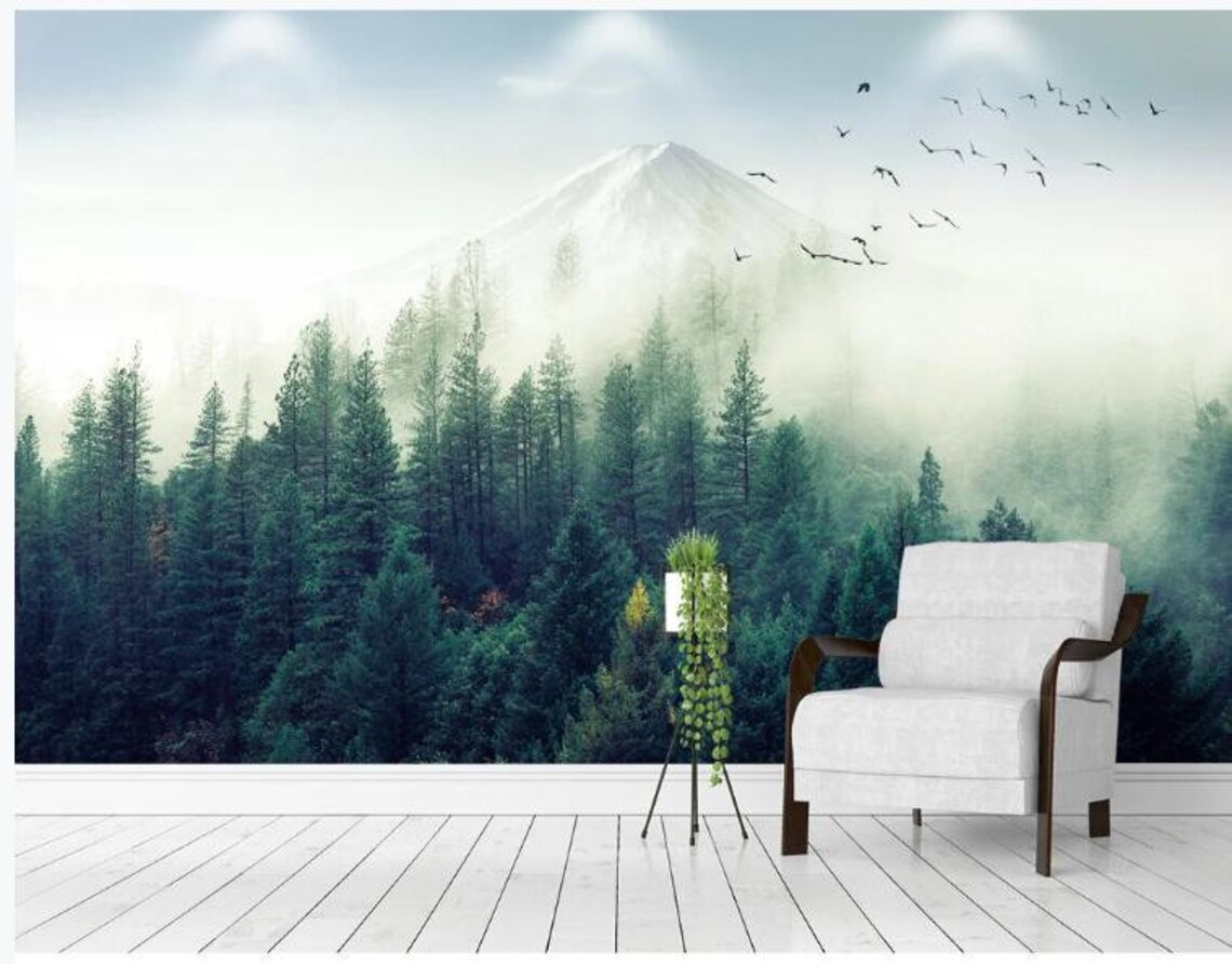 Misty Forest Trees With Mountain Wallpaper Wall Mural - Etsy