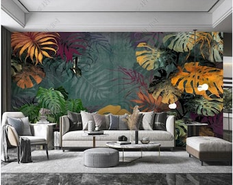 Tropical Leaves Wallpaper Mural: Rainforest Plants Wall Decor