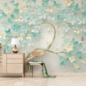 3D Rhinestone Huge Tree Wallpaper, Handpainted Blue Levaes Blue One Large Tree Wall Murals Wall Decor