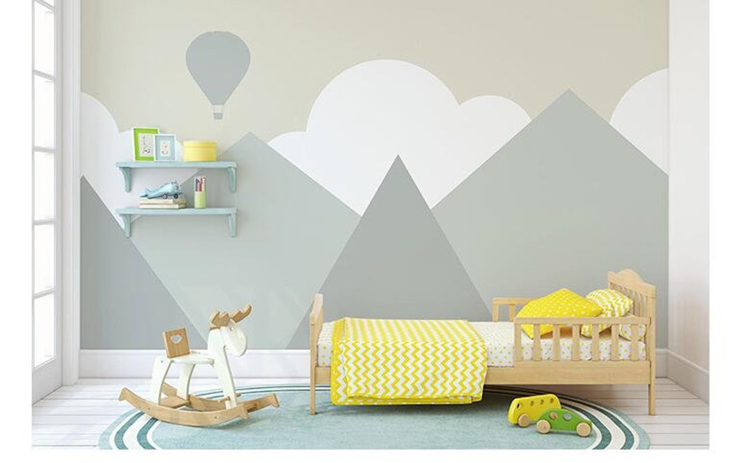 Geometric Mountains With Cloudy Geometric Wallpaper Wall - Etsy