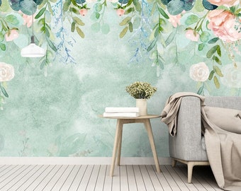 Moderne Simple Jardin Aquarelle Papier peint Murale Murale, Fleurs Roses avec Feuilles Vertes Jardin Papier peint Mur Murale Décor Mur