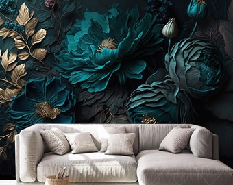Papel tapiz floral verde azulado: Mural de pared con flores oscuras en flor