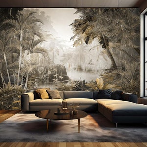 Tropische Bäume Blätter Nebel Wald Wallpaper Wandbild, Retro Vintage Französisch Stil Pflanzen Bäume Wandbild Wand-Dekor