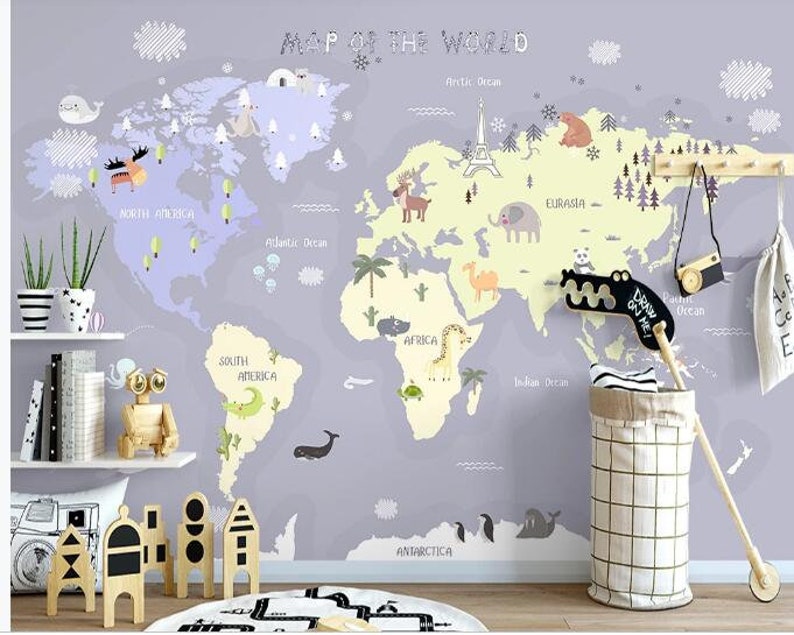 Hand Painted World Map Nursery Wallpaper Wall Mural World Map Etsy
