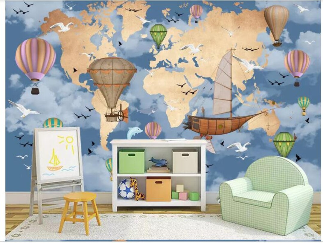 Hand Painted World Map Nursery Wallpaper Wall Mural, Cartoon World Map