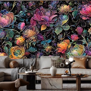 Carta da parati floreale retrò: murale botanico scuro