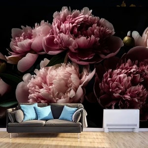 Vintage Pink Peonies Flowers Wallpaper, Peel and Stick, Dark Floral Wallpaper Mural, Dark Floral Wall Decor, Self Adhesive Wallpaper