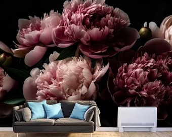 Vintage Pink Peonies Floral Wallpaper Mural - Peel and Stick