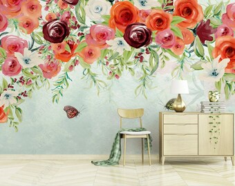 Original American Style Grden Plantas, Flores y Mariposas Acuarela Flores Papel Tapiz Mural