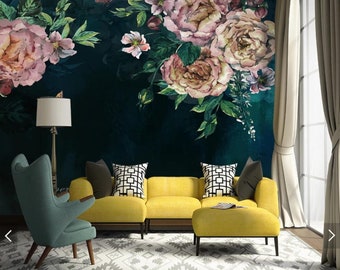 Oil Painting Hanging Peony Floral Wallpaper Wall Mural, Pink Peony with Dark Color Flowers Floral Wall Mural, Peony Floral Mural Home Decor