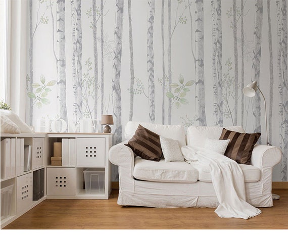 Hand Painted Grey Birch Trees Wallpaper Wall Mural Simple - Etsy UK Hand Painted Grey Birch Trees Wallpaper Wall Mural Simple - Etsy UK