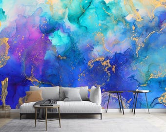 Abstract Fluid Art Wall Mural: Blue, Violet & Gold Alcohol Ink Wallpaper