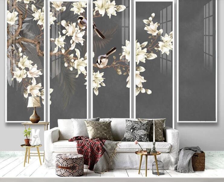 Chinoiserie Grey Background Flowers and Birds Wallpaper Wall Etsy