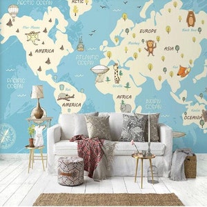Blue Backgroud World Map Nursery Wallpaper Wall Mural World - Etsy