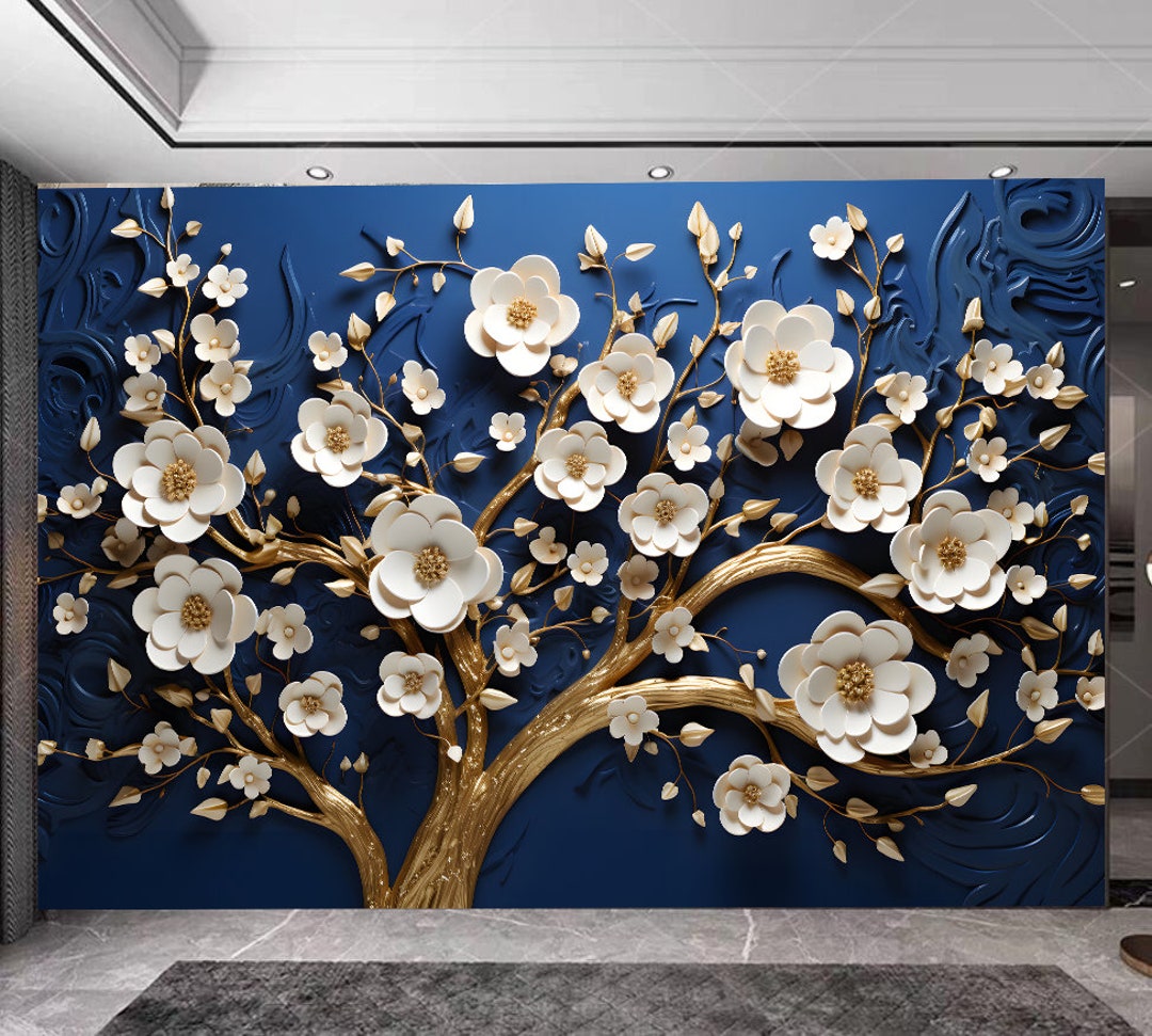 Elegant Gold and Royal Blue Floral Tree Wallpaper Wall Mural, Abstract 3D Flowers Tree Floral