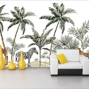 Tropical Rain Forest Plant Animals Wallpaper Wall Mural, Zebra Giraffe Leopard Jungle Nursery Wall Mural Wall Decor