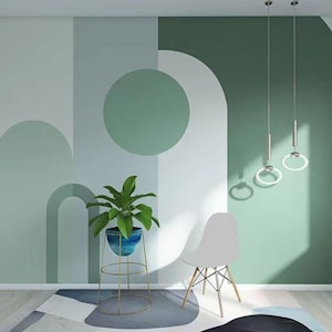 Green/Blue Geometric Wallpaper Morandi Nordic Minimalist Arched Living room, Dining Room, Office Wall Mural Wall Decor