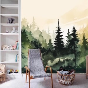 Watercolor Forest Trees Nursery Wallpaper Wall Mural, Forest Silhouette Background Mural, Watercolor Painting of a Spruce Forest Wall Decor