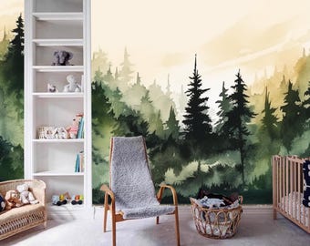 Aquarell Waldbäume Tapete Wandbild: Fichten Silhouette Kinderzimmer Dekor