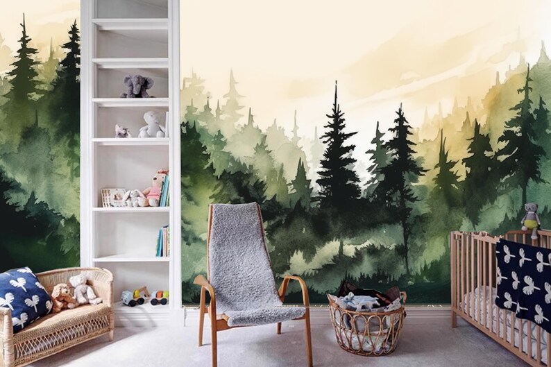 Watercolor Forest Trees Wallpaper Mural: Spruce Silhouette Nursery ...
