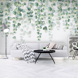 Watercolor Hand Painted Dark Green Vine Leaves Wallpaper Wall Mural, Spring Green Vine Leaf Wall Mural, Watercolor Hand Pained Vine Mural