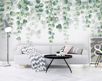 Watercolor Hand Painted Dark Green Vine Leaves Wallpaper Wall Mural, Spring Green Vine Leaf Wall Mural, Watercolor Hand Pained Vine Mural